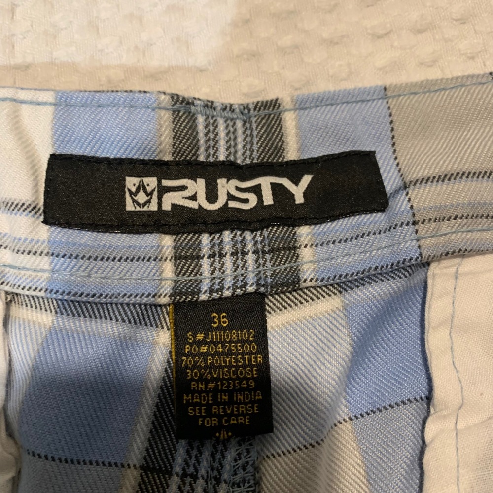 Rusty Mens Plaid Walk Shorts Blue Grey White Checkered Size 36 Surf Skater - Picture 3 of 6